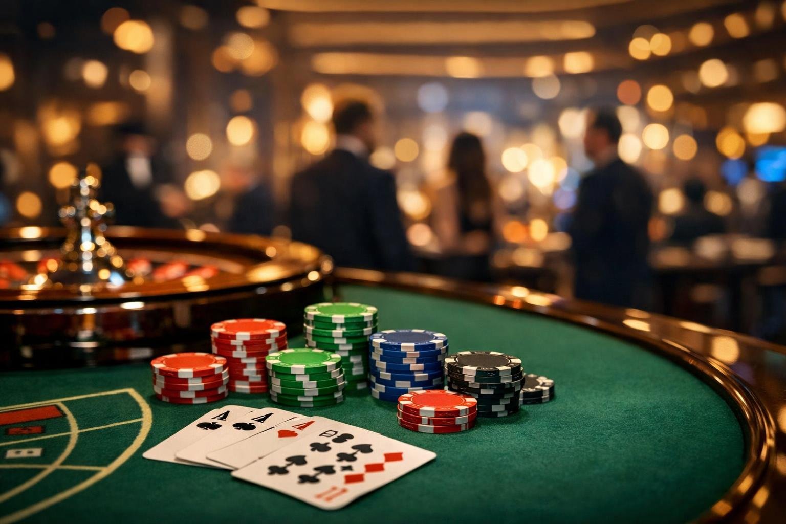 A Luxurious Casino Gaming Table With Poker Chips, Playing Cards, And A Roulette Wheel Surrounded By Blurred People In An Elegant Setting.