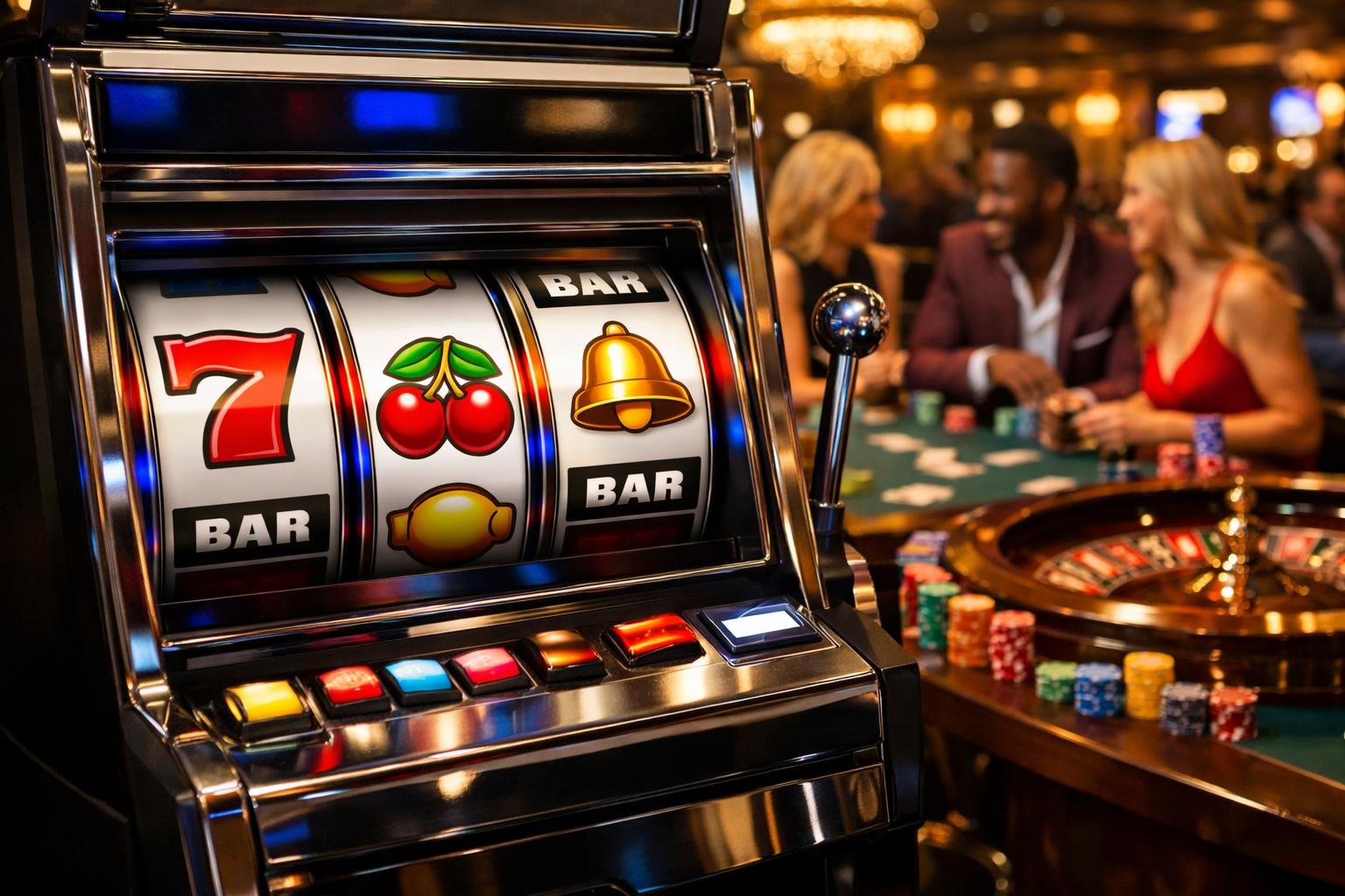 A Casino Floor With People Playing Slot Machines And Table Games, Showing Chips, Cards, And Spinning Reels.