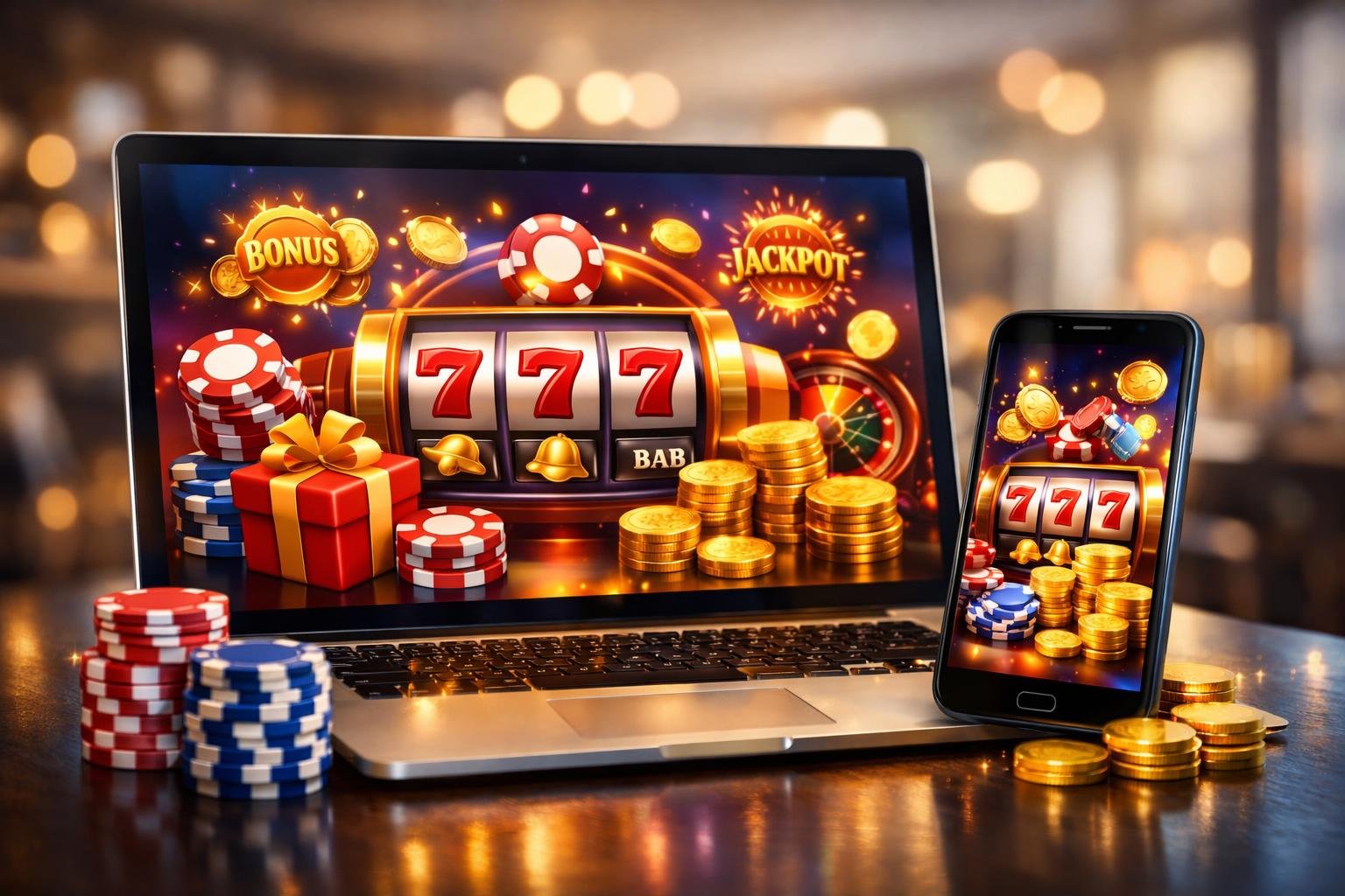 A Laptop And Smartphone Displaying Colorful Casino Graphics With Slot Reels, Poker Chips, And Coins On A Desk In A Modern Indoor Setting.