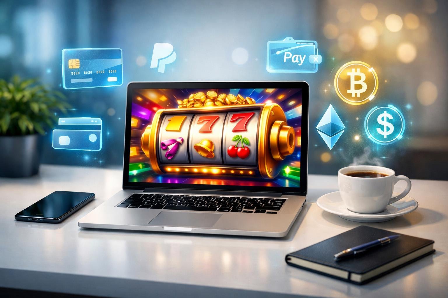 A Laptop On A Desk Displaying An Online Casino Game With Digital Payment Icons Around It, Alongside A Smartphone And Coffee Cup.