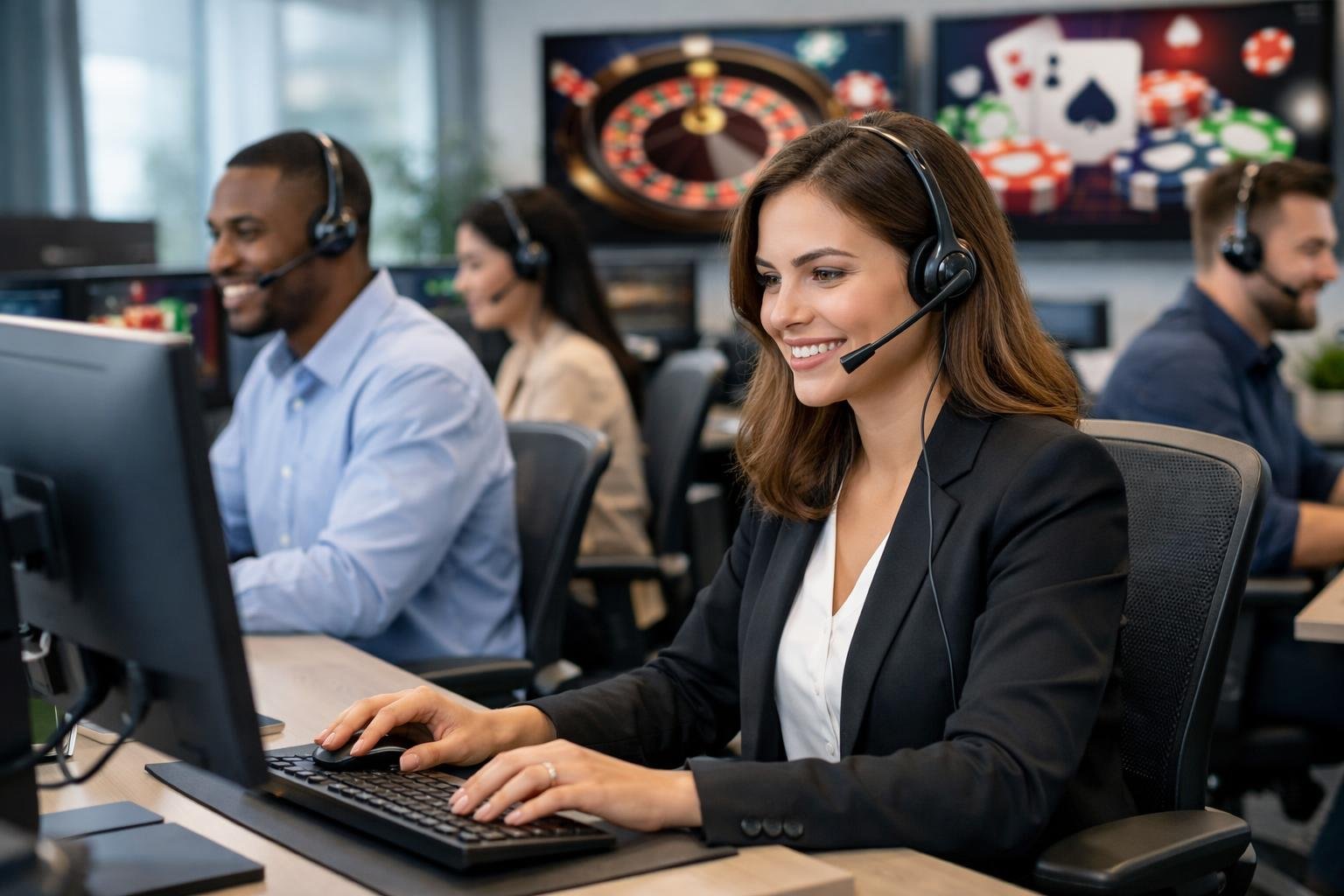 Customer Support Agents Wearing Headsets Working At Computers In A Bright Office Environment.