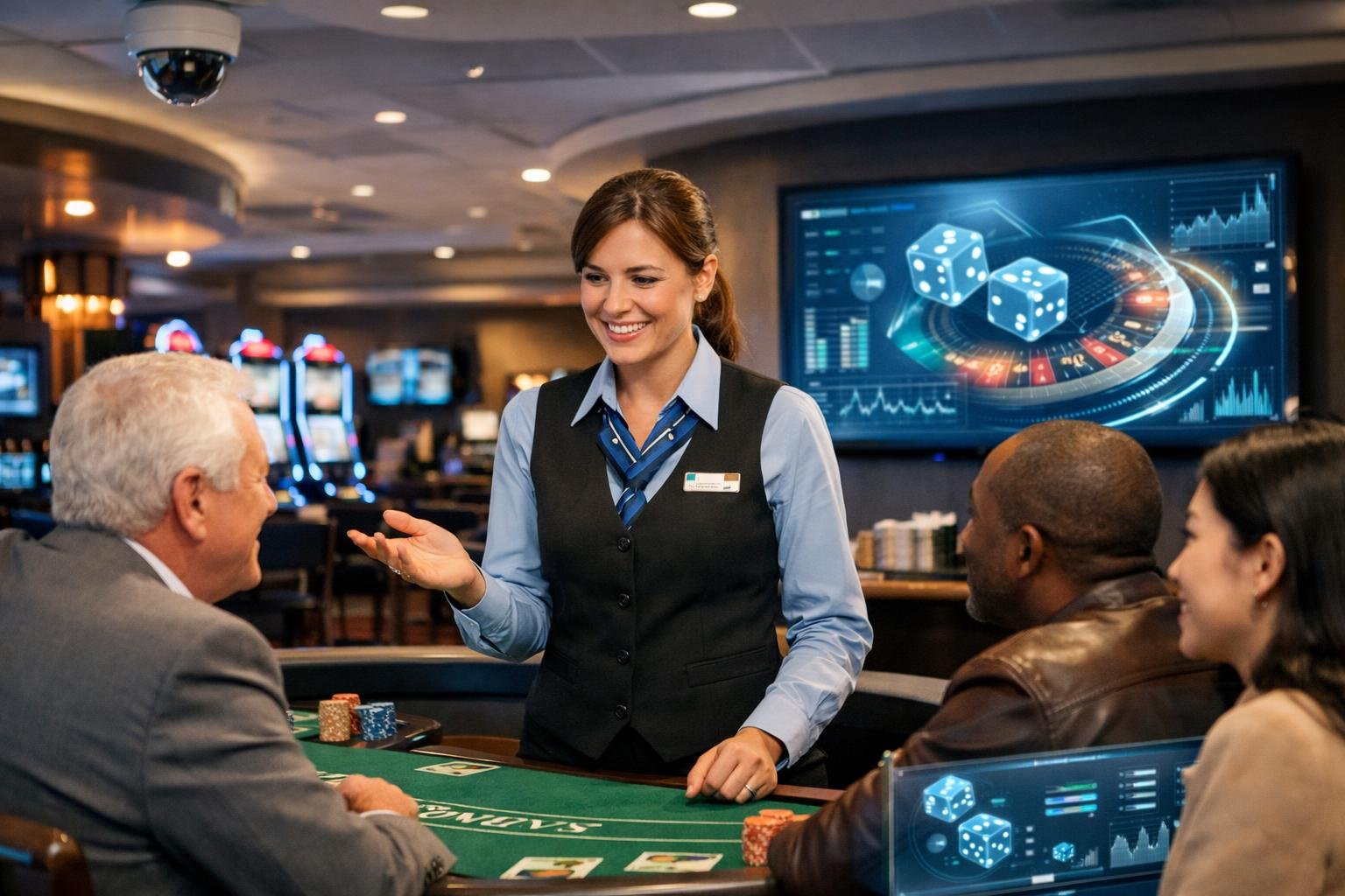 Casino Staff Member Interacting With Players On A Casino Floor With Visible Security Features And Gaming Equipment.