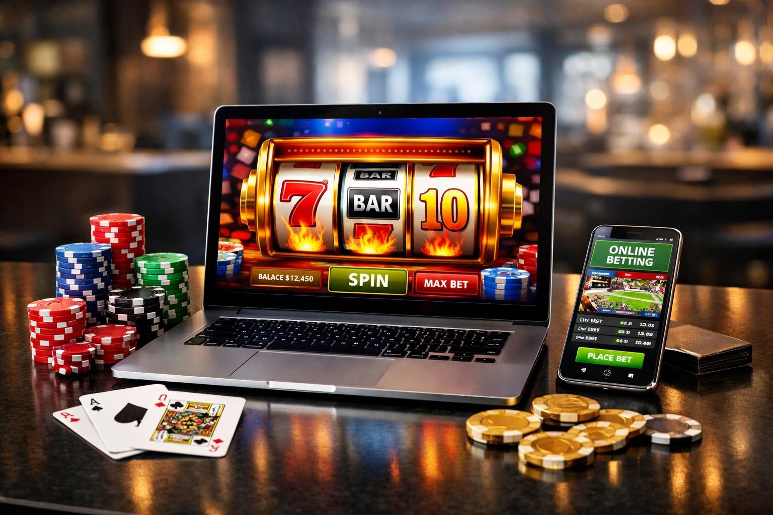 A Laptop On A Desk Displaying Colorful Online Casino Games Surrounded By Poker Chips And Playing Cards In A Modern Workspace.