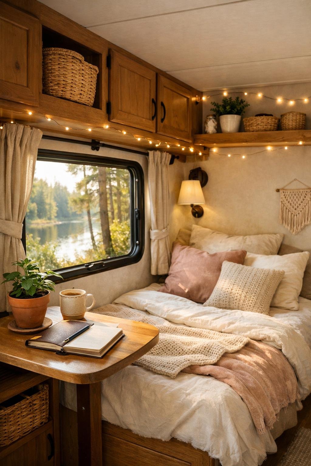 Interior of a cozy camper with a single bed, soft blankets, a small table with a plant and journal, and a window showing nature outside.