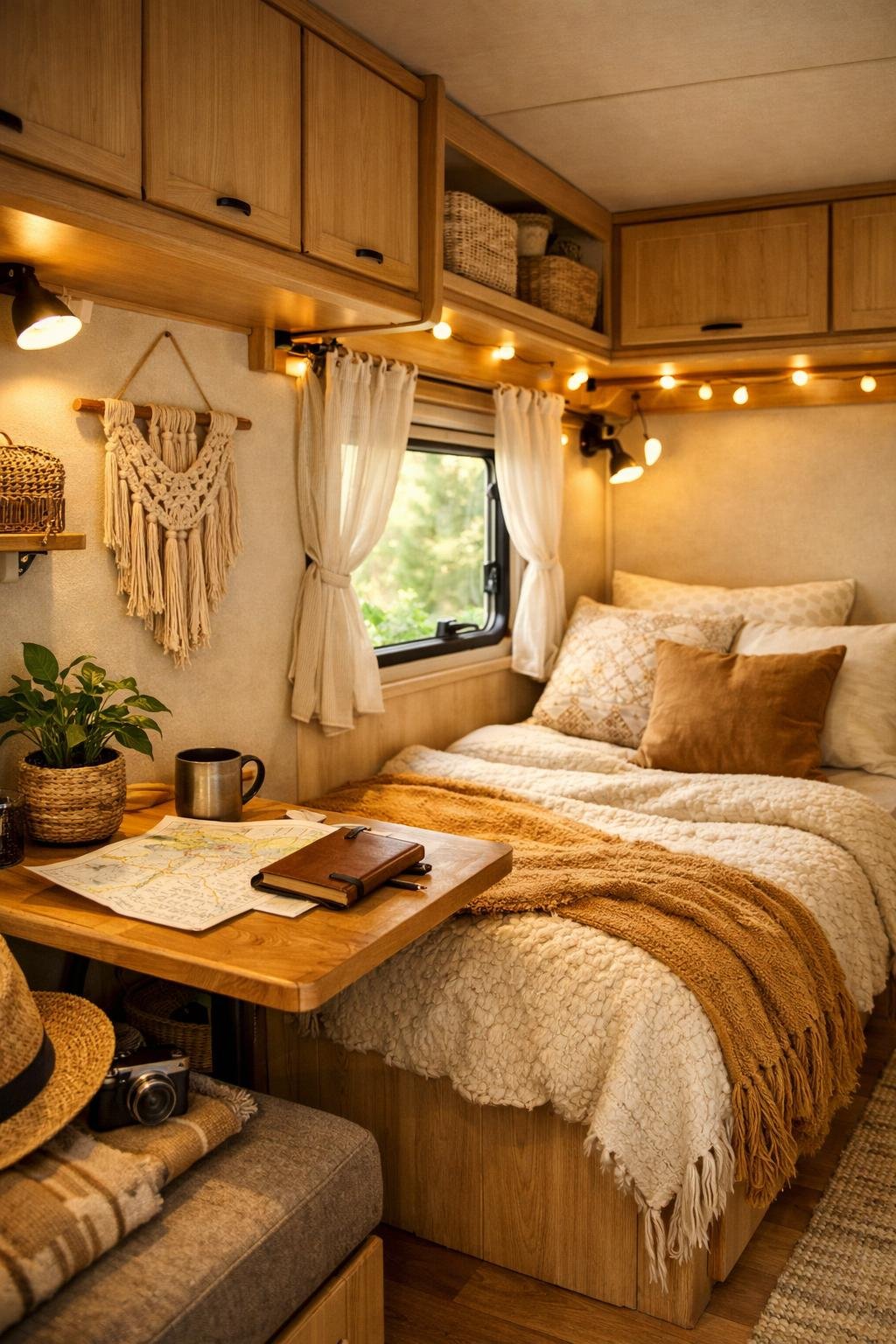 Interior of a camper van with a cozy single bed, wooden table with a plant, and natural light coming through a window.