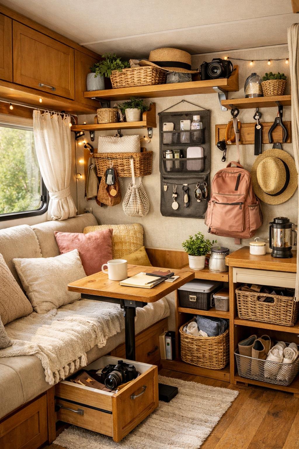 Interior of a cozy camper with organized storage, a seating area with cushions, and natural light coming through a window.