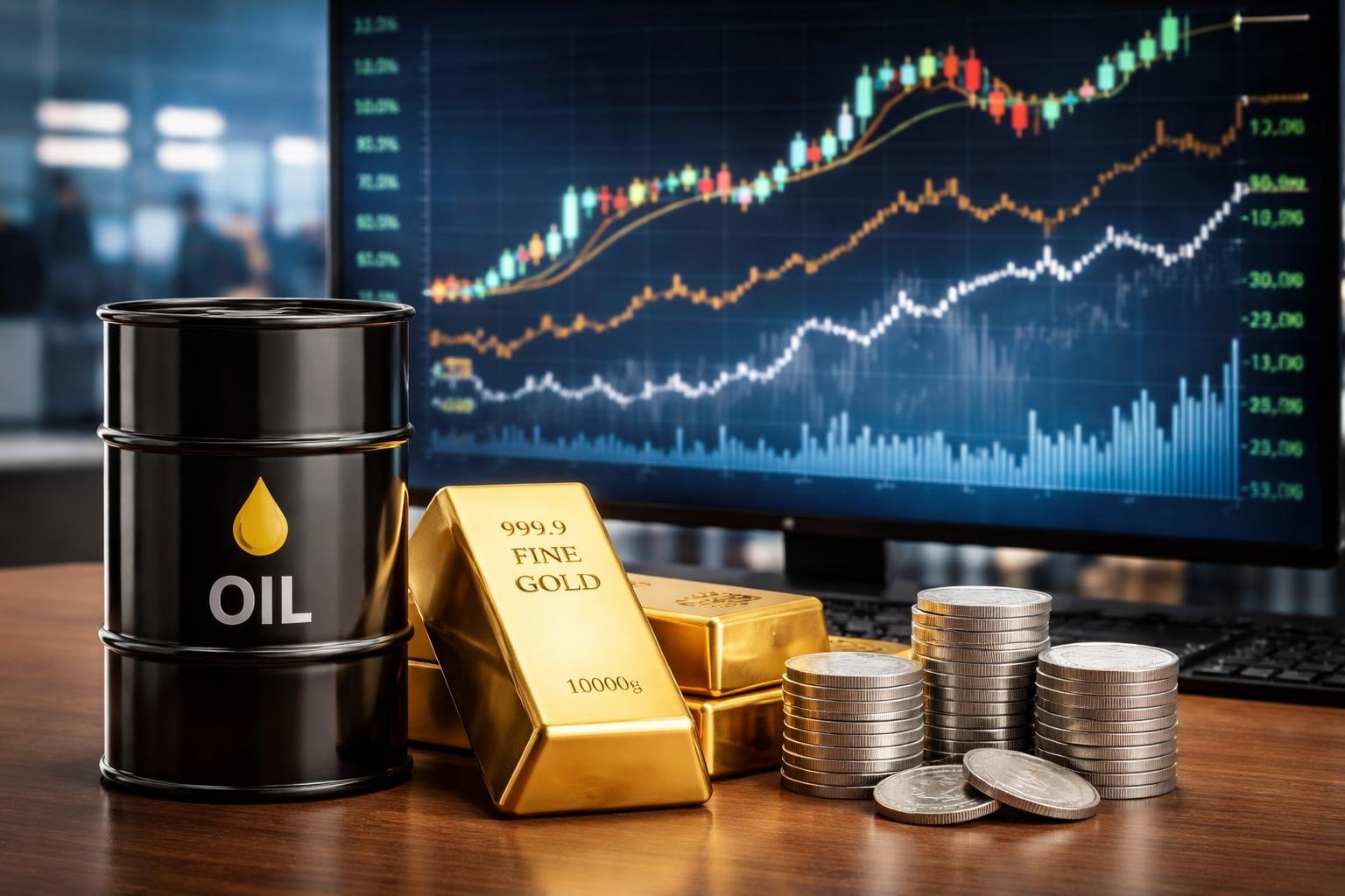 A desk with a crude oil barrel, gold bar, and silver coins in front of digital charts showing price trends of oil, gold, and silver.