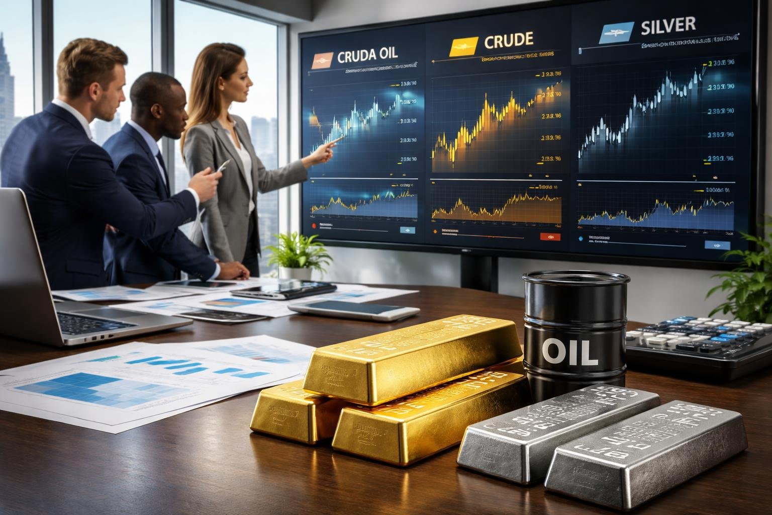 Business professionals analyzing graphs of crude oil, gold, and silver prices in a modern office with gold and silver bars and an oil barrel on the desk.