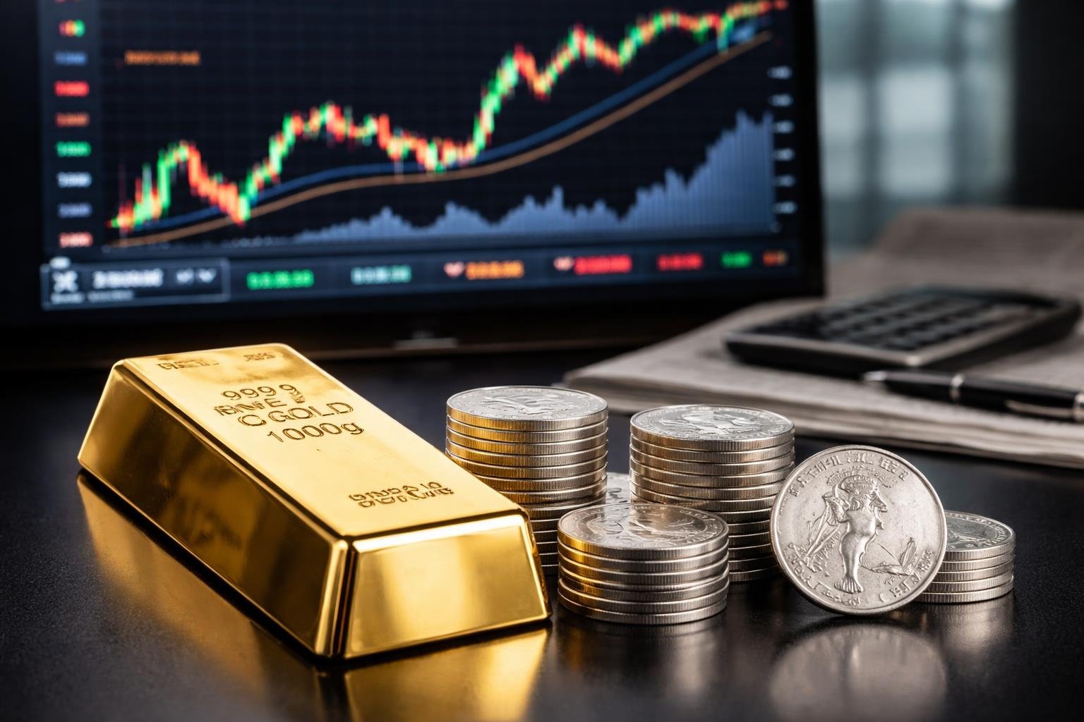 Close-up of gold bars and silver coins with a digital screen in the background displaying fluctuating crude oil price charts.