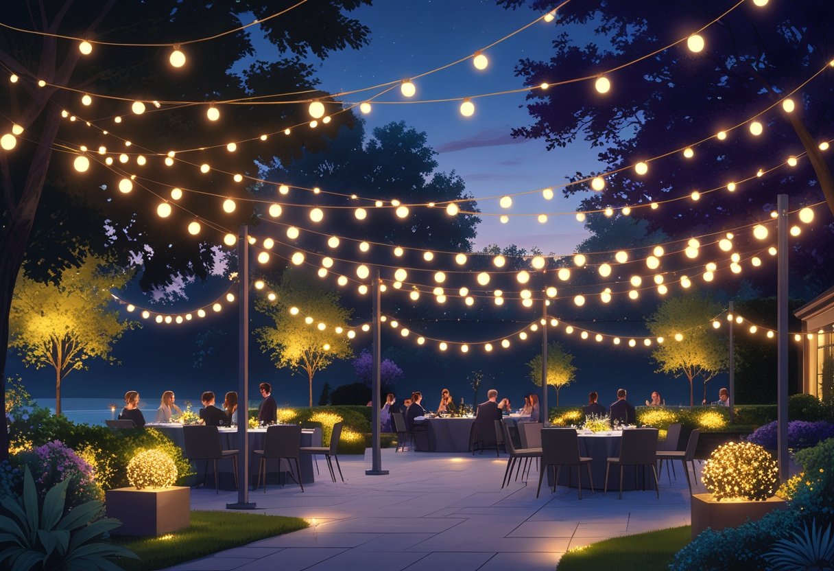 Outdoor evening event scene with string lights hanging above a garden patio and colored uplights illuminating trees and plants around the area.