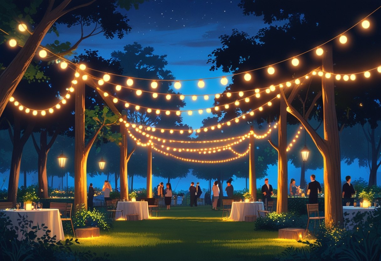 An outdoor evening event with string lights hanging overhead and uplights illuminating trees, with people enjoying a garden setting.