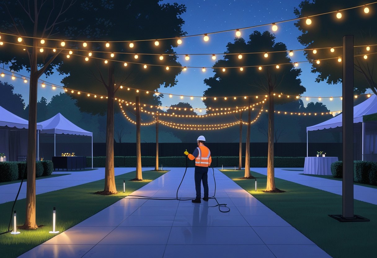 Outdoor evening scene showing string lights and uplights safely installed around a garden with a technician inspecting the setup.