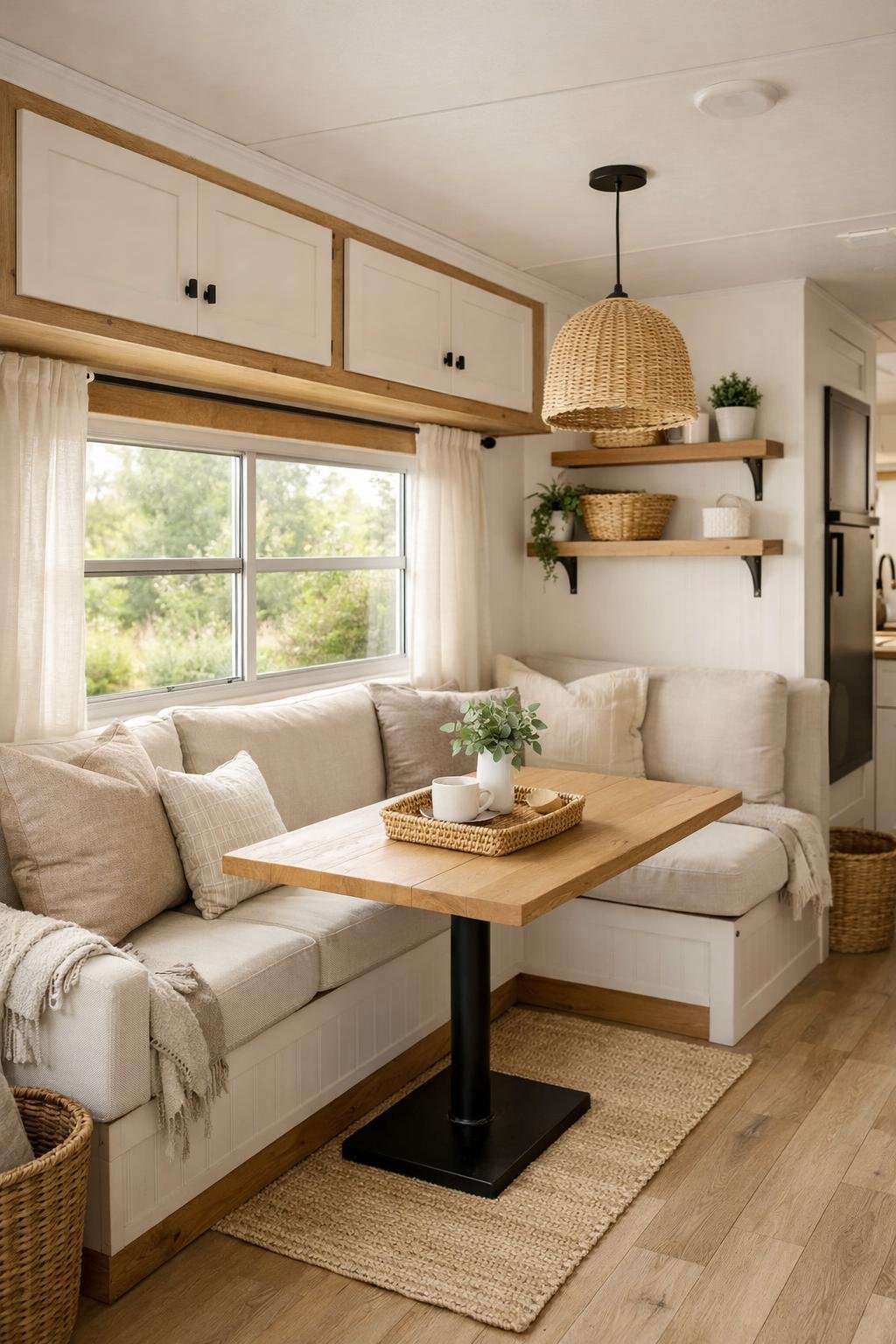 Interior of a camper with natural wood furniture, soft cushions, potted plants, and large windows letting in sunlight.