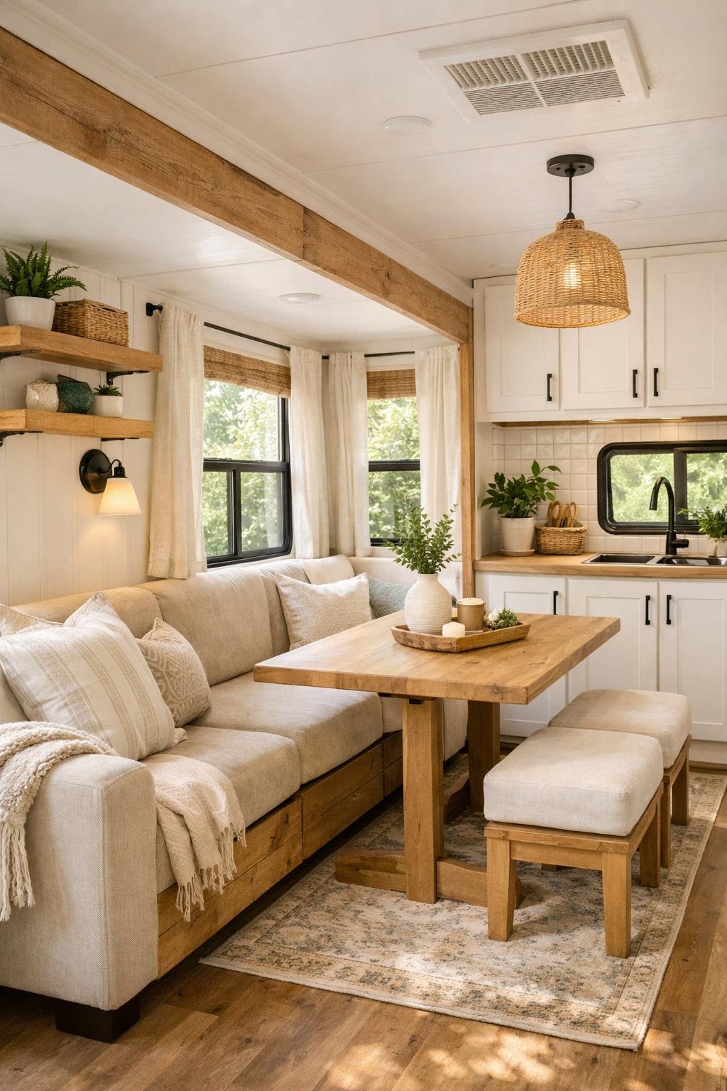 Interior of a camper showing a cozy seating area, wooden dining table, large windows, and simple decor with plants and cushions.