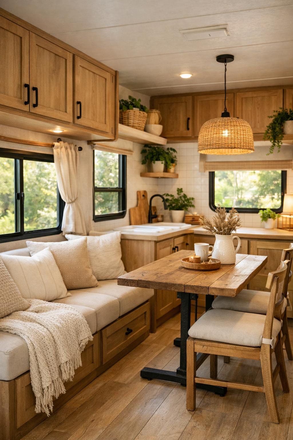 Interior of a camper with wooden furniture, soft cushions, a small dining table, plants, and large windows letting in natural light.
