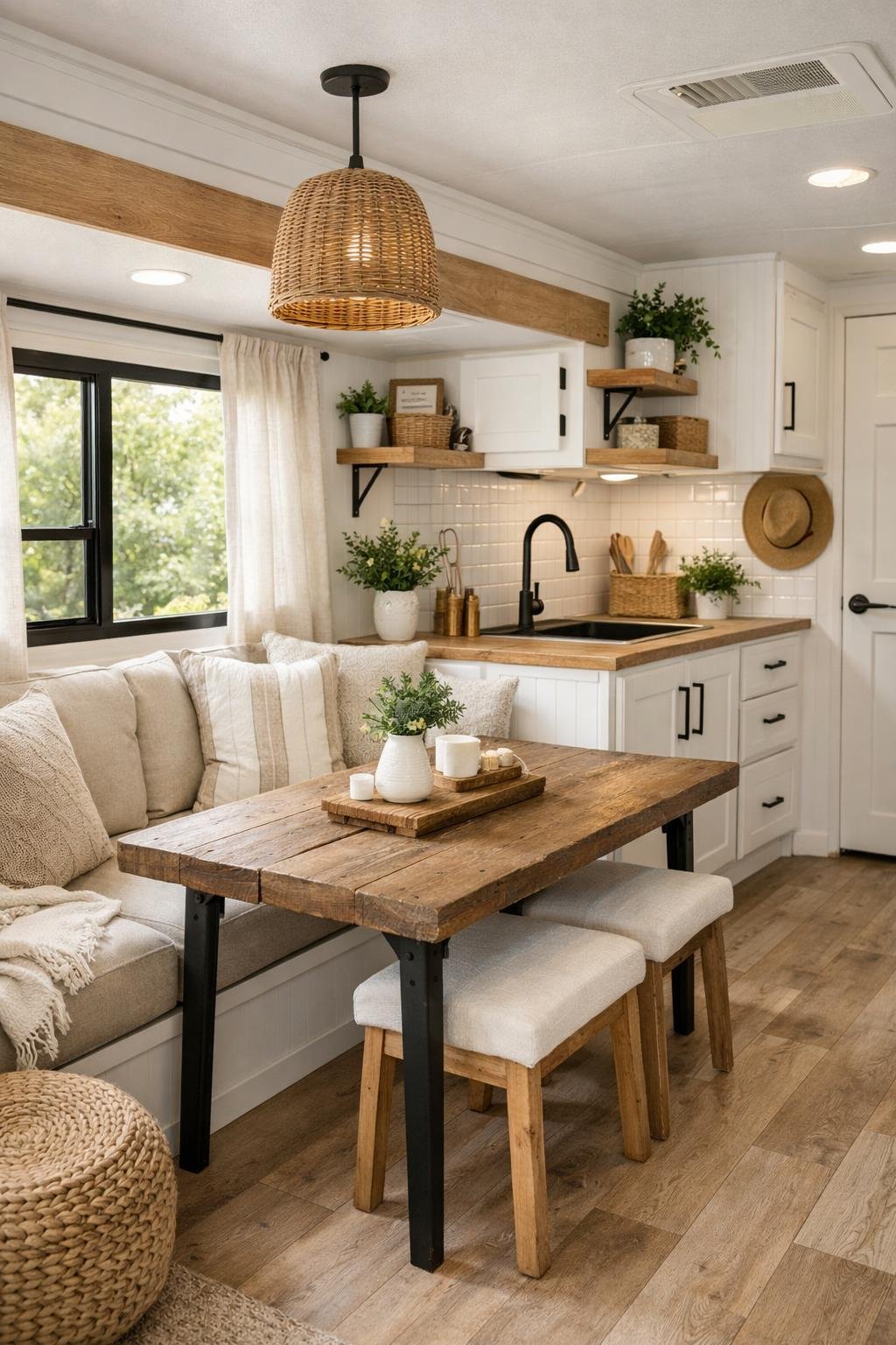 Interior of a camper with bright natural light, wooden accents, a small dining table, seating area, and green plants.