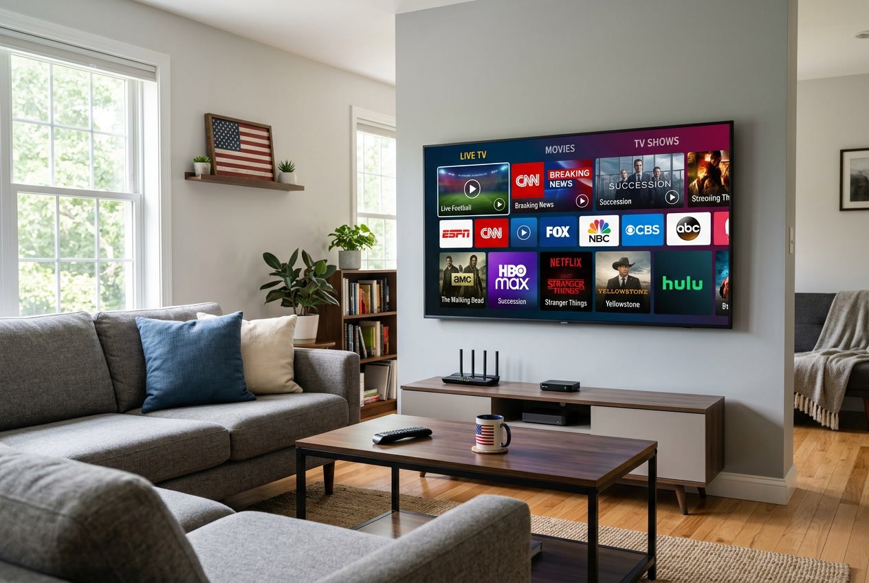 A modern living room with a large smart TV showing a streaming interface of American TV channels and movies.