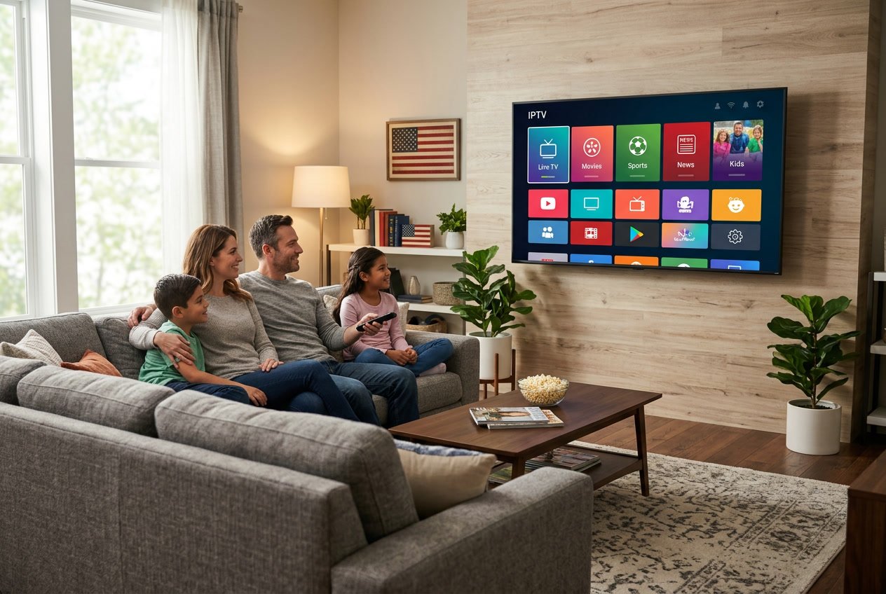 A group of people watching a large smart TV displaying streaming content in a modern living room.