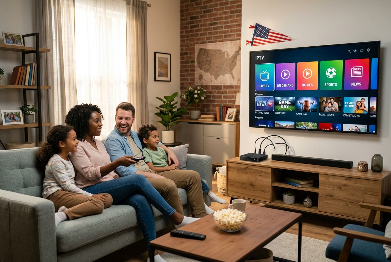 A family watching a smart TV with streaming apps in a modern living room featuring American-themed decor.