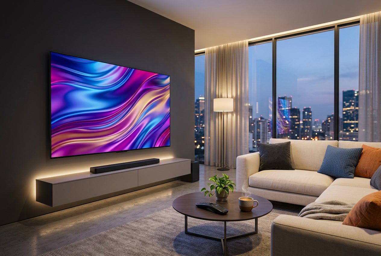 A modern living room with a large flat-screen TV showing colorful abstract silk-like patterns, a sofa, and a coffee table with a remote and cup of coffee.