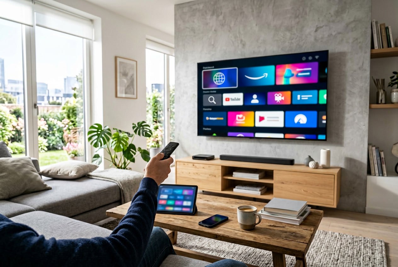A person holding a remote control pointing at a large smart TV in a bright, modern living room with tech devices on a coffee table.