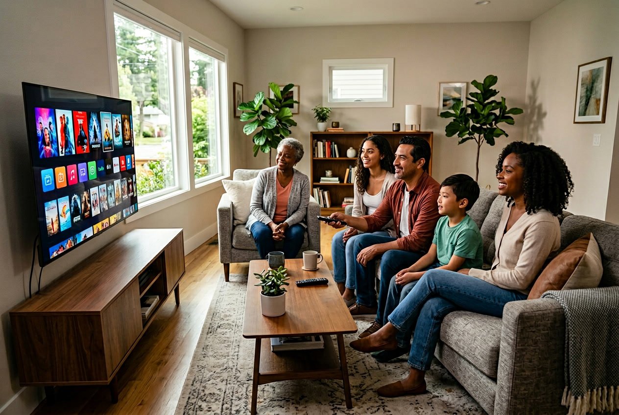A diverse group of people watching a flat-screen TV showing a colorful streaming interface in a modern living room.
