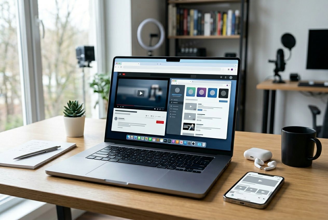 A modern workspace with a laptop, smartphone, earbuds, and coffee cup on a desk showing multiple streaming platforms on screen.