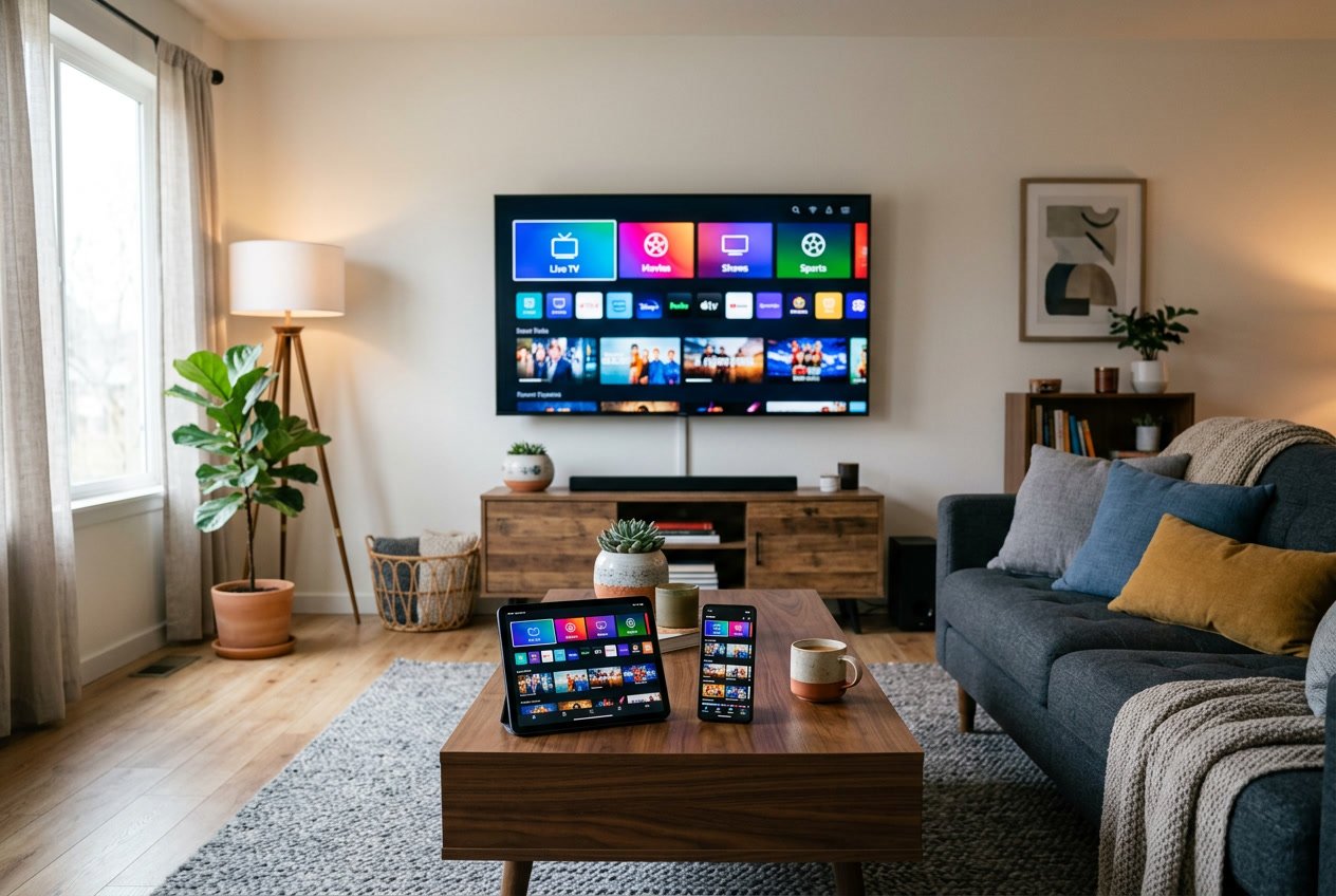 A living room with a smart TV, tablet, and smartphone all displaying IPTV app interfaces.