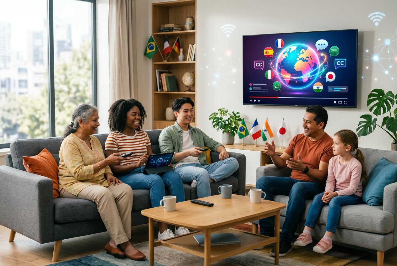 A diverse group of people watching a TV displaying a globe with language icons, representing international accessibility and language options.