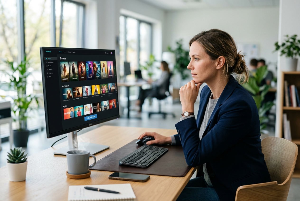 Person at a desk looking at a streaming service interface on a computer screen in a bright office.