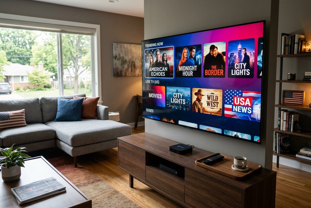 A modern living room with a large TV showing a colorful streaming interface, a remote control and streaming device on a table, and subtle American decor in the background.