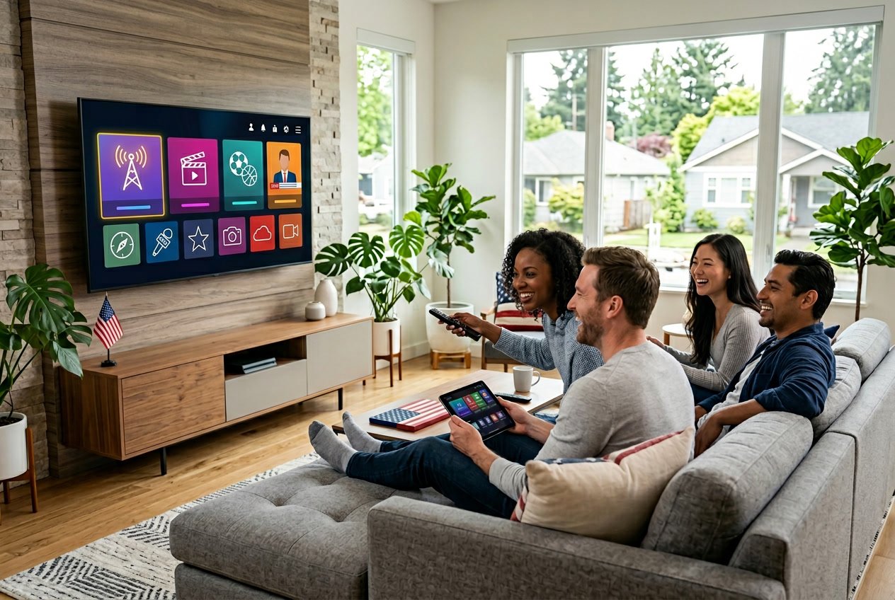 A group of adults sitting in a living room watching a flat-screen TV showing streaming content with US-themed icons.