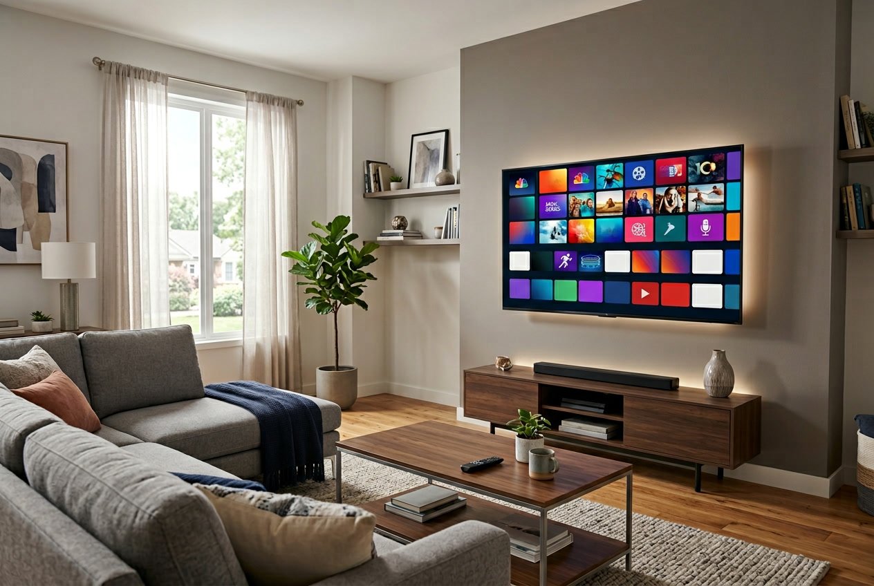 A modern living room with a large smart TV showing a colorful grid of US TV channels and streaming content icons, with a sofa and coffee table nearby.