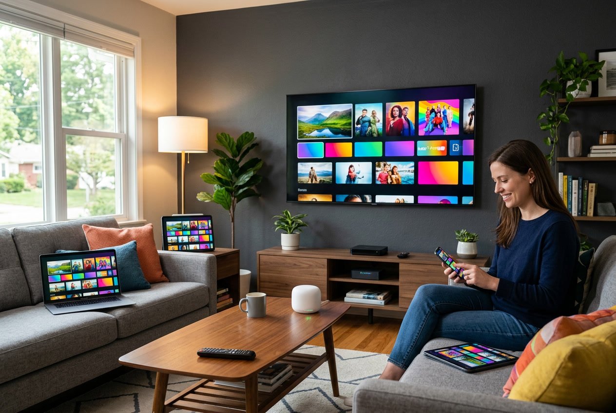 A living room with a smart TV and multiple devices like a laptop, tablet, and smartphone showing streaming content, illustrating device compatibility and setup.