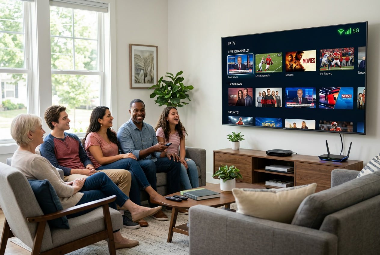 A diverse group of people watching a large smart TV in a modern living room with streaming content displayed on the screen.