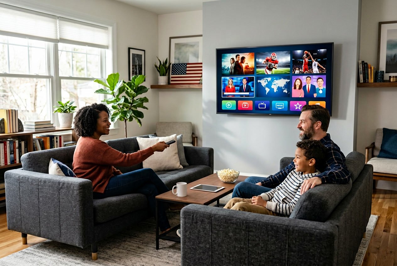 A family of three sitting on a couch in a living room watching a smart TV showing a colorful streaming interface with various entertainment options.