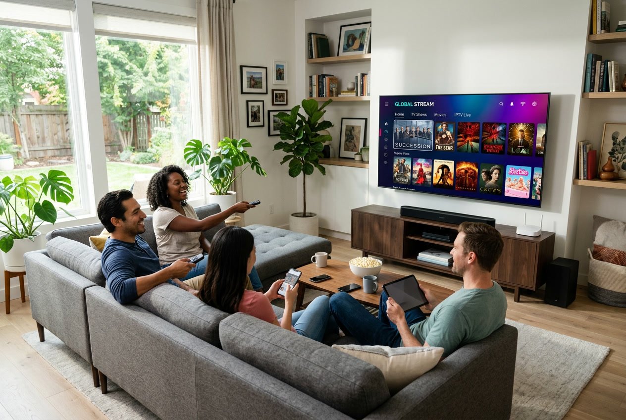 A group of adults sitting in a living room watching a large TV with streaming content displayed on screen.