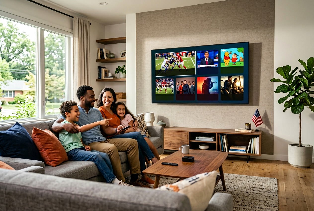 A family of four watching a large smart TV in a bright living room with a colorful streaming interface on screen.