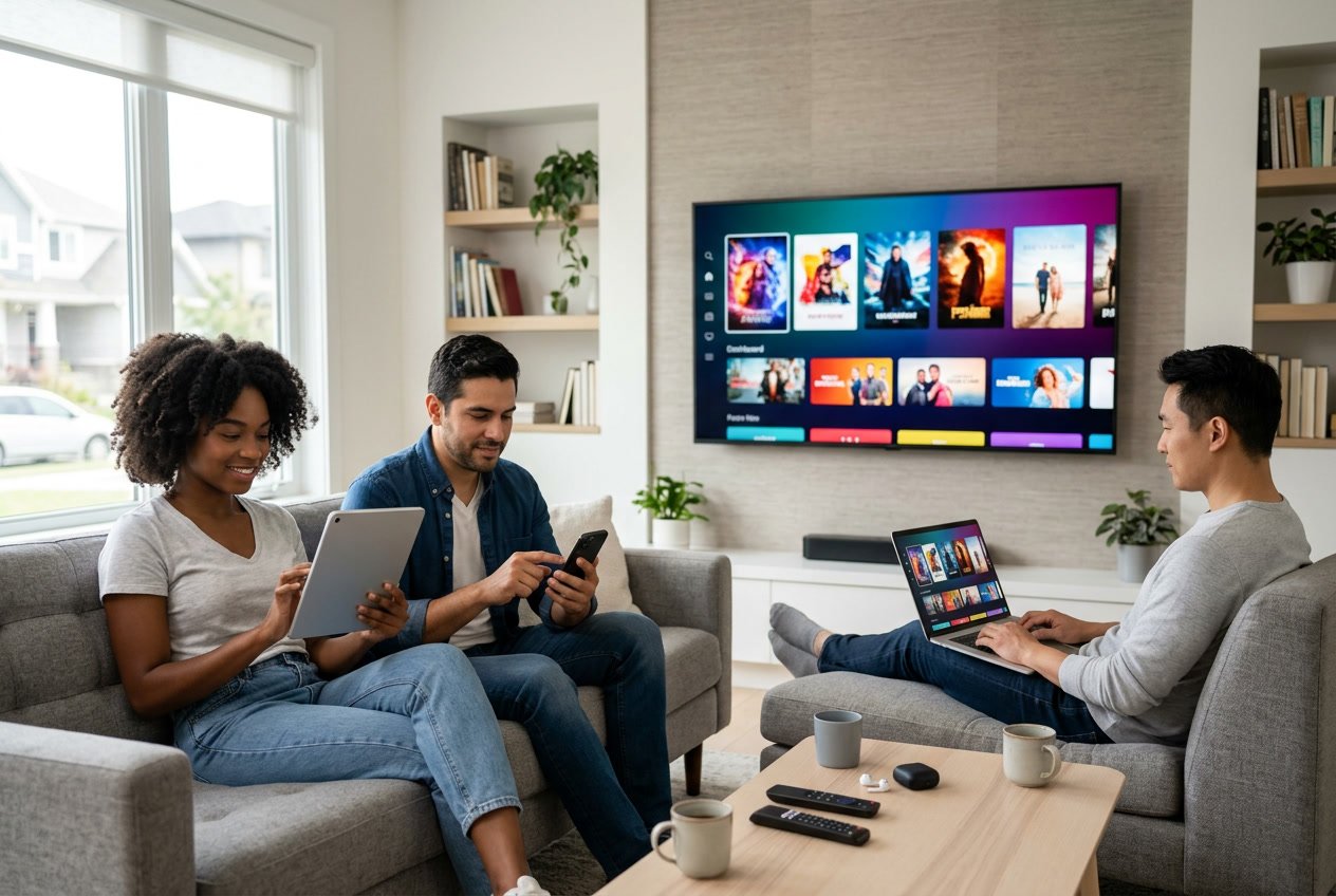 People in a living room using a smart TV, tablet, smartphone, and laptop to stream video content together.