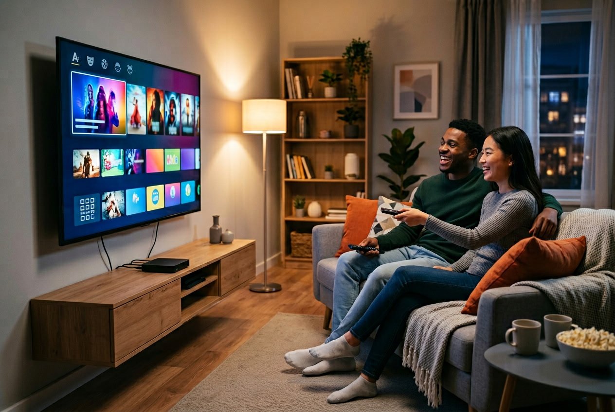 People sitting on a sofa watching a large smart TV displaying streaming content in a modern living room.