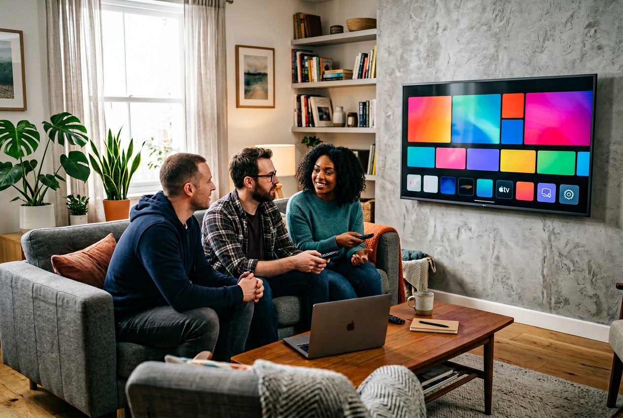 Three adults in a living room looking at a TV screen displaying streaming app icons while discussing IPTV subscription options.