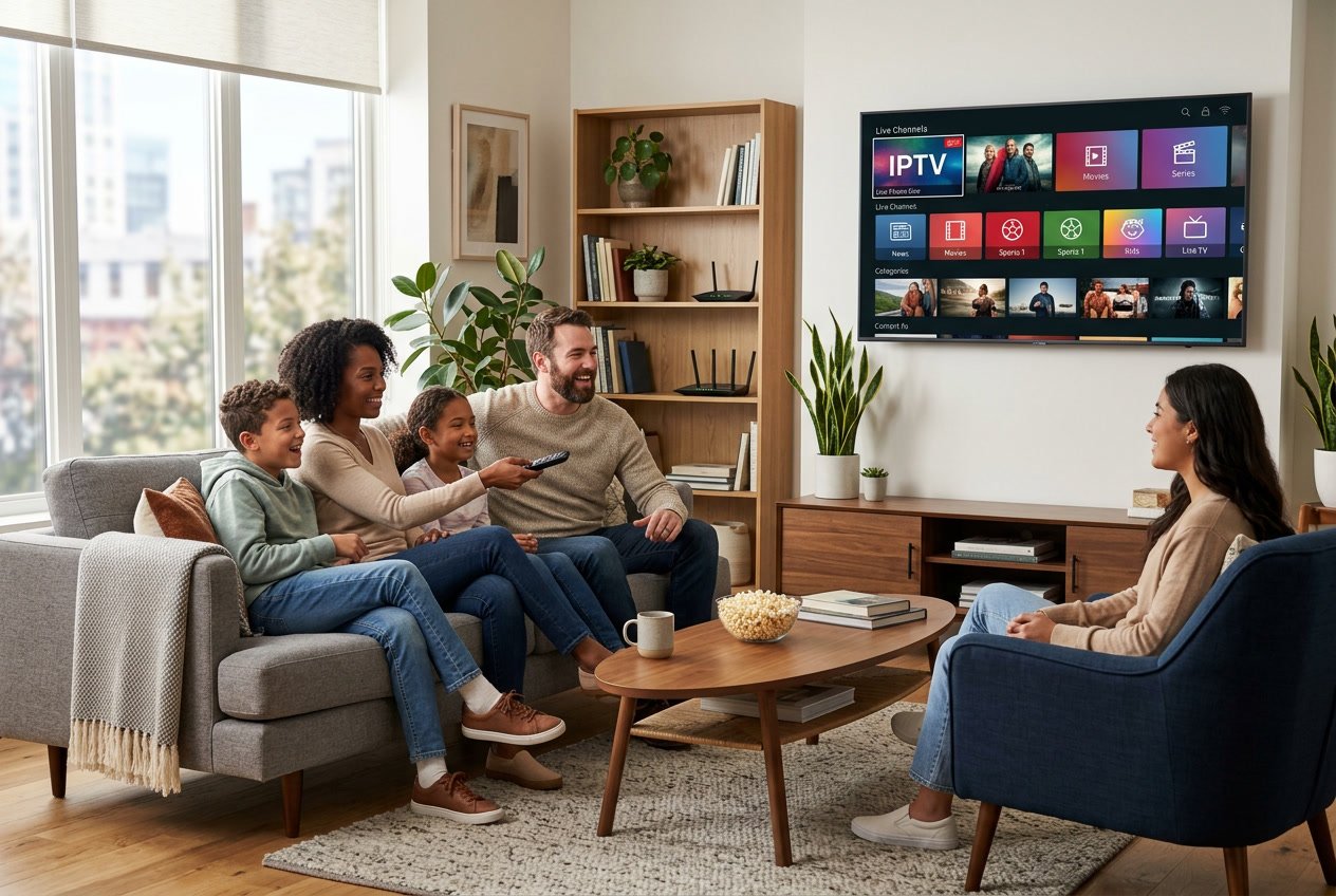 A family and a young adult watching a smart TV in a modern living room, enjoying various streaming options on the screen.