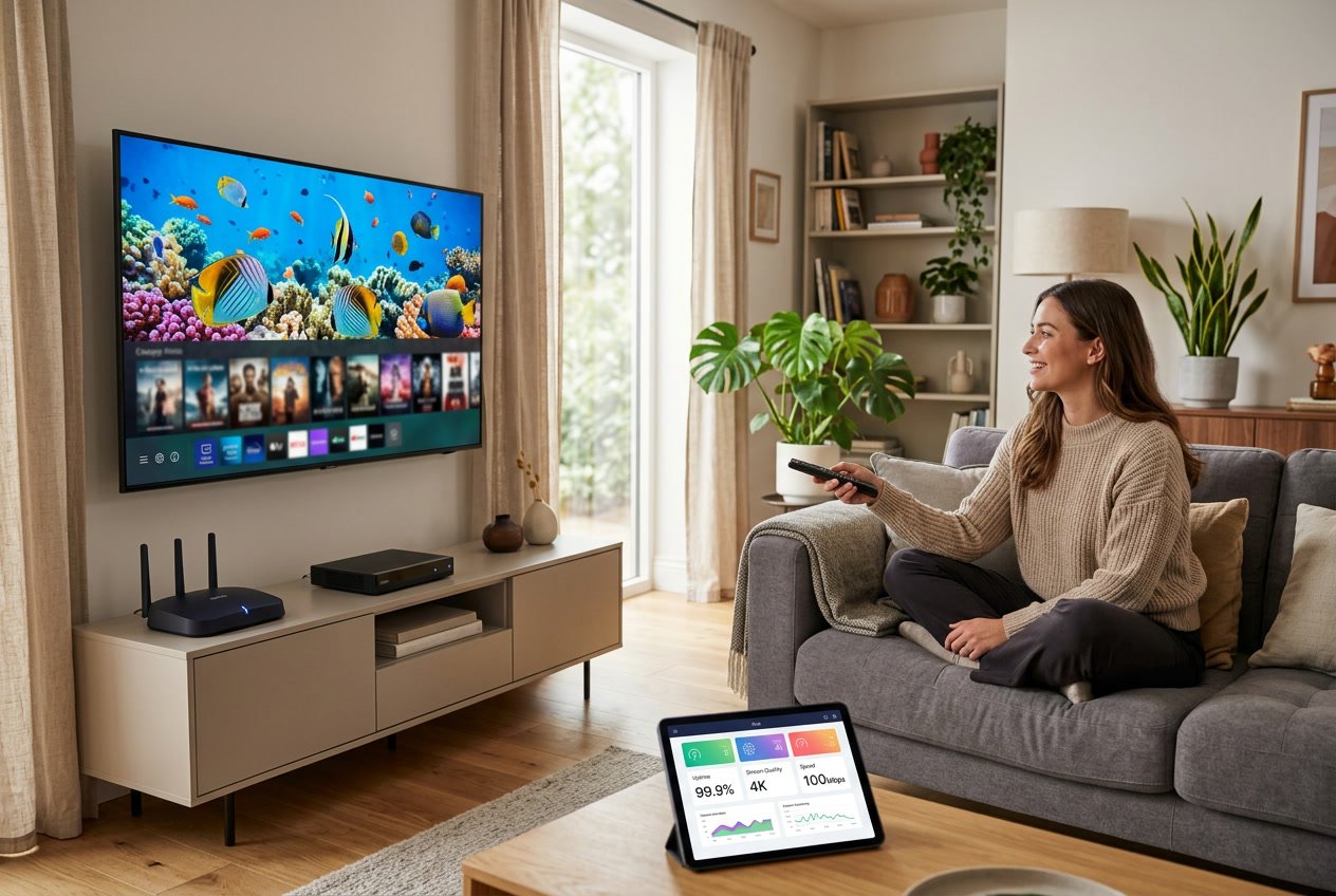 A person sitting on a sofa watching a large flat-screen TV showing vibrant streaming content in a bright living room with a Wi-Fi router and tablet nearby.