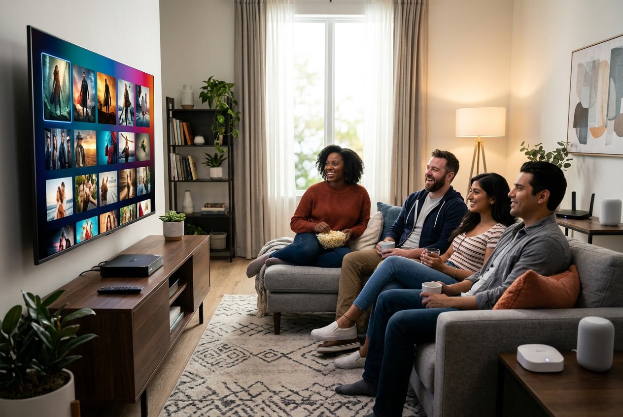 People watching a large TV in a modern living room with IPTV streaming content displayed on the screen.