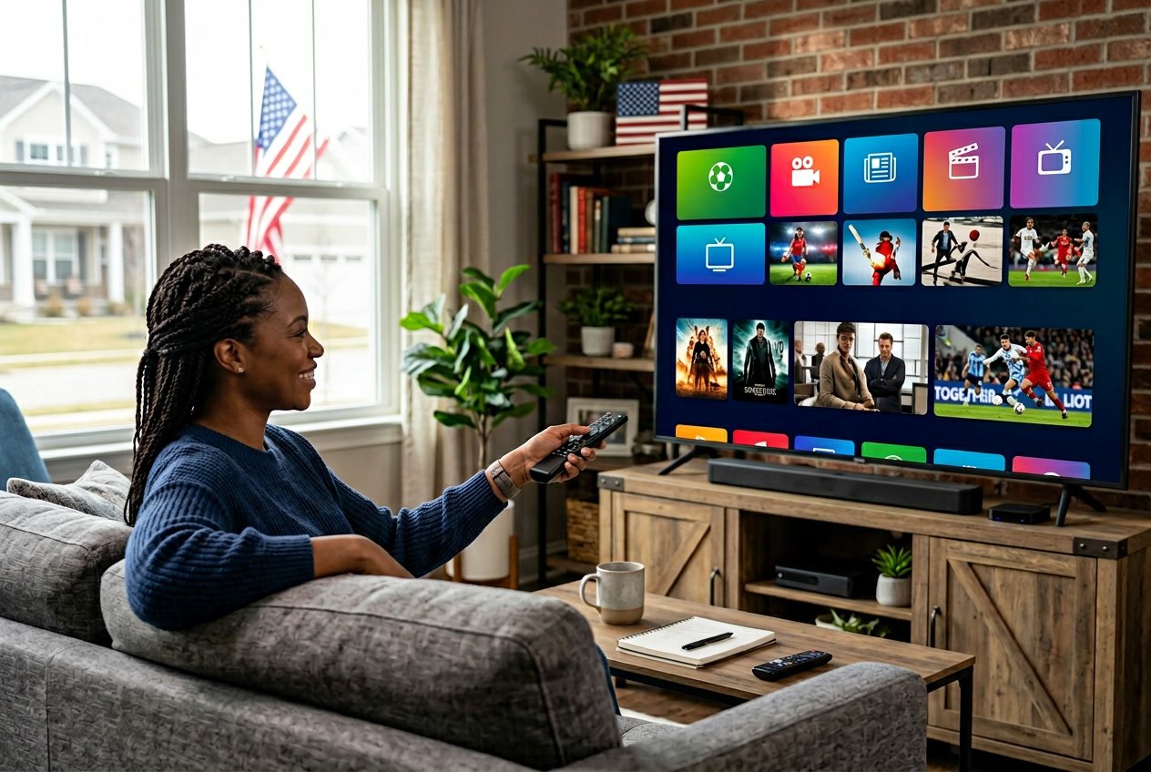 A person holding a remote control in a bright living room with a large smart TV showing colorful streaming content icons.
