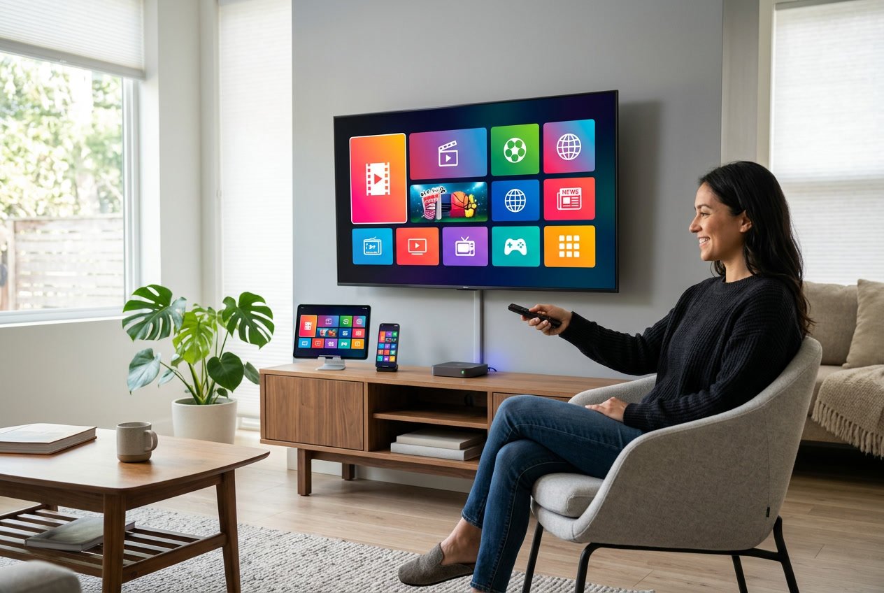 A person using a remote control in a living room with a smart TV and various streaming devices nearby.