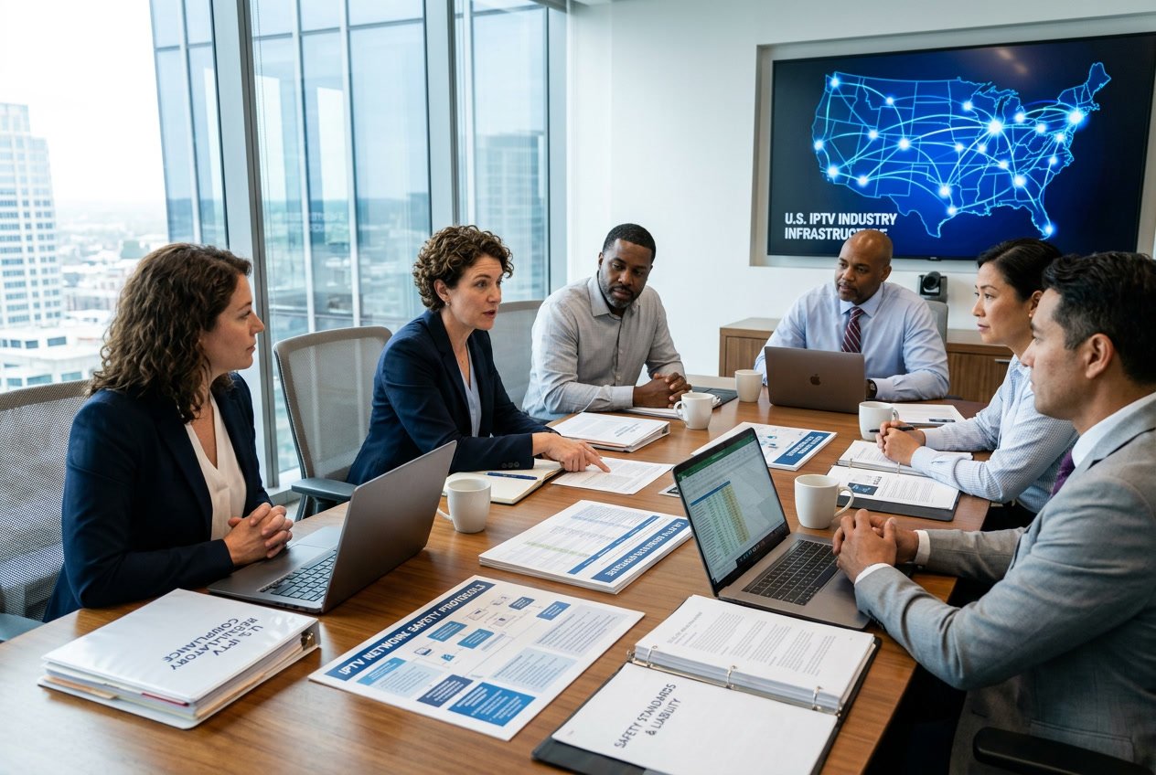 A group of business professionals having a serious meeting around a conference table with laptops and documents, with a digital map of the United States displayed in the background.