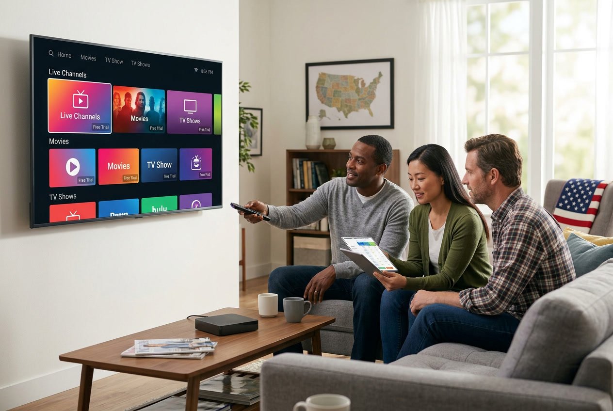 Three adults sitting in a living room watching a smart TV displaying streaming options, discussing IPTV services.