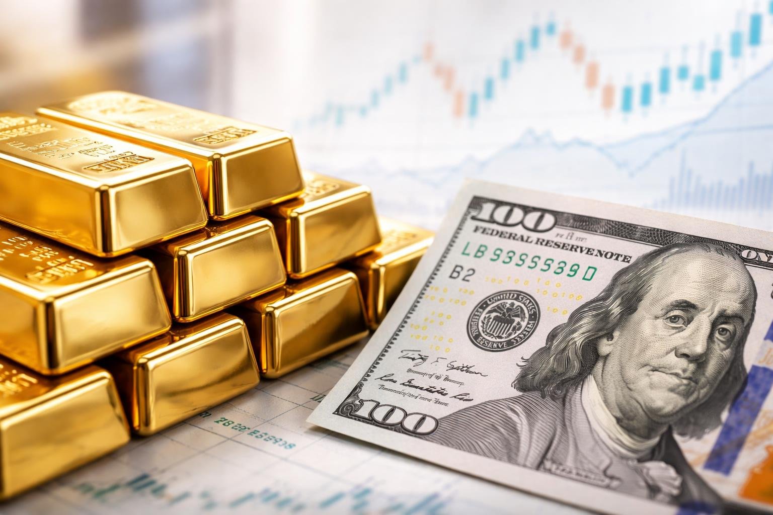 Close-up of stacked gold bars next to a US dollar bill on a blurred financial background.