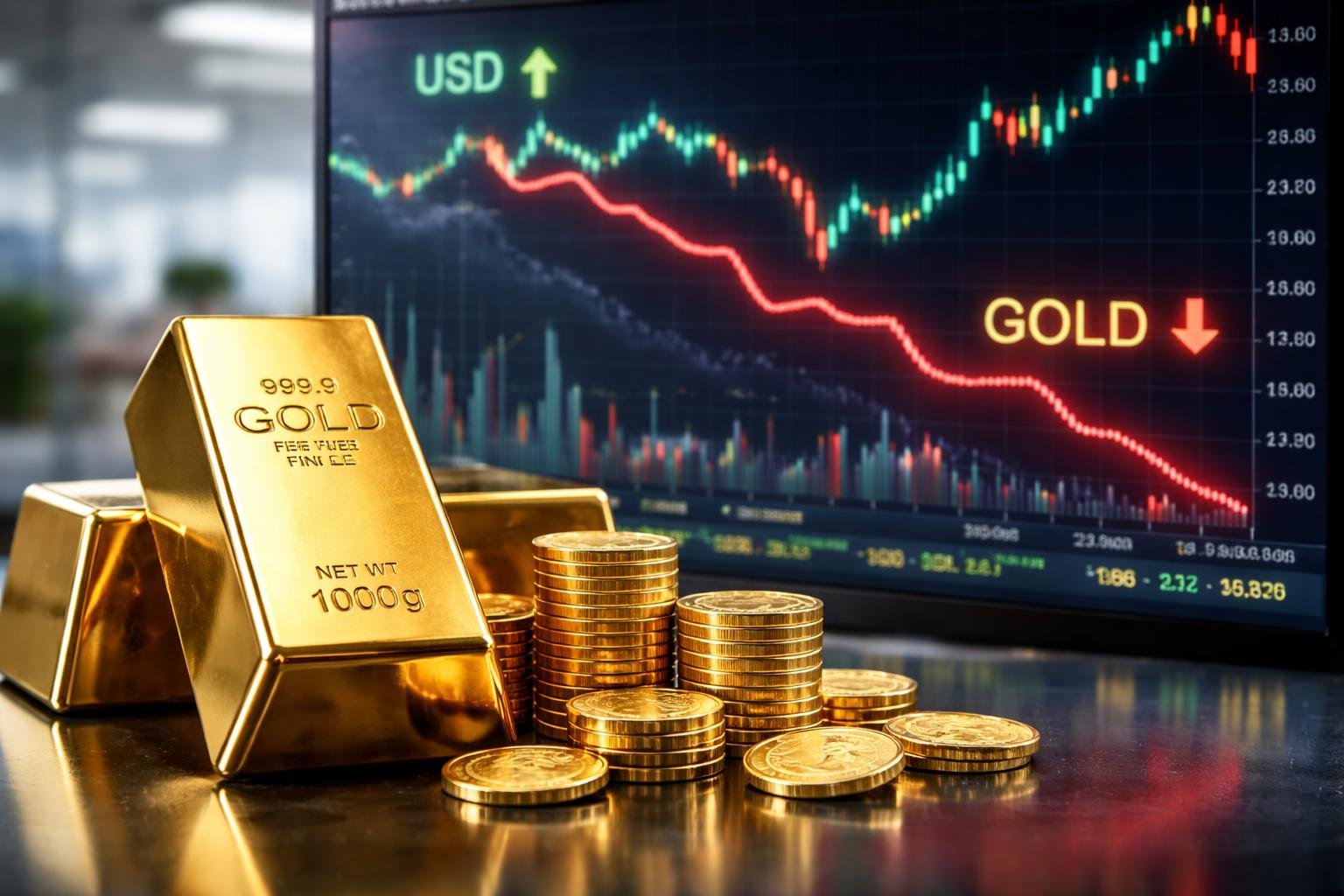 Close-up of gold bars and coins with a digital financial chart showing dollar and gold price trends in the background.